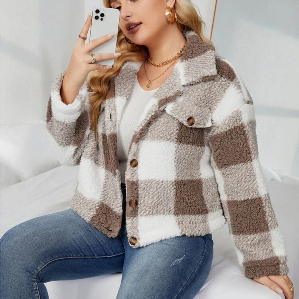 Brown and White Plaid Teddy Jacket